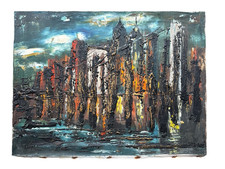 Original Impressionist Oil Painting of City Night Scene with Illuminated Signs — listing 2