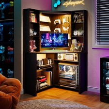 Corner Computer Desk with Glass Top, Elevated Monitor Shelf, and Side Storage Shelves — listing 4