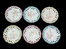 Set of 6 German Porcelain Reticulated Fruit Plates with Gold Trim, Hand-Colored Orchard Fruit Transfers