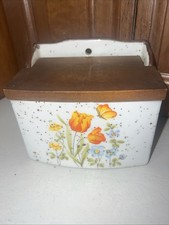 Vintage Japanese Ceramic Hanging Salt Box with Wooden Hinged Lid and Hand-Painted Floral Design — listing 3