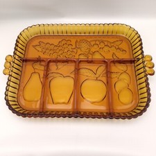 Vintage Amber Pressed Glass Divided Relish Dish with Scalloped Rim and Starburst Pattern — listing 2