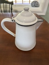 Vintage White Enamelware Coffee Pot with Floral Transfer and Black Trim — listing 3