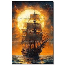 Framed Black & White Photographic Print of Tall Ship at Sunset — listing 4