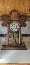 Antique Pressed Oak Gingerbread Mantel Clock with Roman Numeral Dial — listing 5