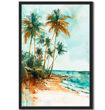 Large Framed Tropical Palm Tree Landscape Art Print, Ornate Silver-Gilt Frame, Double Matted Under Glass — listing 3