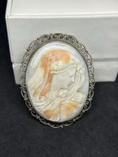 Antique Carved Shell Cameo Brooch, Our Lady of Mount Carmel (Madonna and Child), Gilt Frame