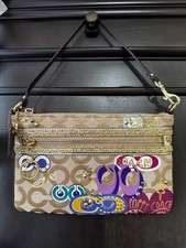 Coach signature jacquard wristlet Signature Jacquard Flap Wristlet with Pink Leather Trim
