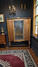 Antique 1920s-30s Jacobean Revival Walnut China Cabinet on Stand with Turned Legs and Stretcher Base — listing 6