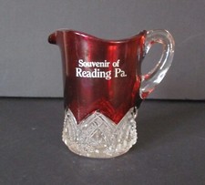 Victorian Ruby Stained EAPG Souvenir Cruet with Stopper, Engraved 'P.J. Atlantic City 1894' — listing 6