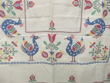 Vintage Embroidered Bird & Botanical Linen Tablecloth
