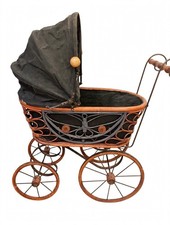 Antique Wicker Doll Carriage Pram with Metal Spoke Wheels and Folding Hood — listing 3