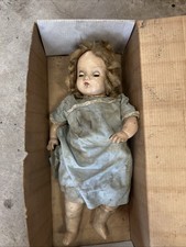 Vintage 1930s-40s Composition Doll with Sleep Eyes, Black Mohair Wig, Floral Dress and Straw Hat — listing 5