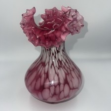 Hand-Blown Cranberry Spatter Art Glass Bud Vase with Applied Handles and Ruffled Rim — listing 2