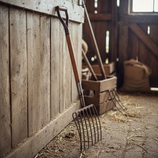 Antique Farm Tool Wall Display - Hay Forks, Ox Yoke, Cast Iron Wheel & Hand Drill — listing 4