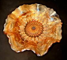 Marigold Carnival Glass Oval Handled Relish Dish with Lily Pad / Water Lily Pattern — listing 5