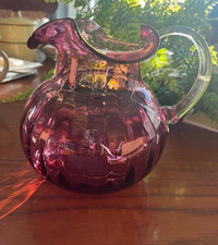 Victorian Cranberry Glass Ruffled-Rim Water Pitcher with Hand-Painted Enamel Floral Decoration — listing 2