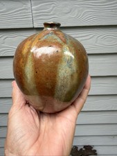Studio Art Pottery Vase, Two-Tone Brown & Black Glaze with Drip Detail and Sculptural Handles