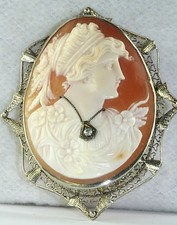 Antique Carved Shell Cameo Pendant with Diamond Habillé in Filigree Frame — listing 4