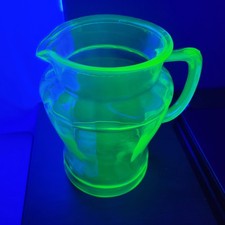 Vintage Uranium Green Depression Glass Pitcher & 4 Tumbler Set with Etched Grape Motif — listing 5
