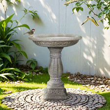Vintage Cast Concrete Pedestal Bird Bath with Scalloped Clamshell Bowl