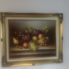 Vintage Framed Oil on Canvas Still Life Painting, Fruit Basket, Signed — listing 2