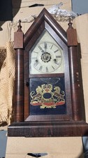 Antique Steeple / Gothic Shelf Clock with Turned Finials and Reverse-Painted Glass Tablet — listing 4