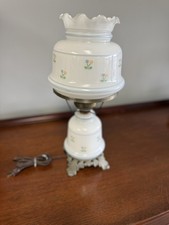 Pair of Vintage Hurricane Table Lamps with Hand-Painted Milk Glass Floral & Butterfly Shades — listing 5