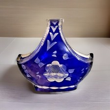 Cobalt Blue Cut-to-Clear Crystal Footed Bowl on Square Glass Base — listing 6