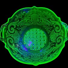 Vintage Uranium Glass Rolled-Edge Console Bowl with Gold Floral Encrusted Band, 15" Diameter — listing 3
