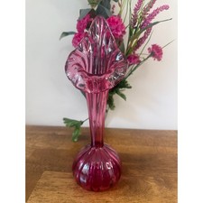 Vintage Hand-Blown Jack-in-the-Pulpit Art Glass Vase, Green & Pink Cased Glass with Ruffled Orange Top, 7.5" — listing 4