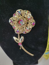Vintage Gold-Tone Filigree Flower Brooch with Aurora Borealis Rhinestones — listing 2