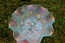 Ice Blue Carnival Glass Ruffled Bowl with Grape & Cable Pattern — listing 4