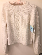 CeCe Ivory Cable-Knit Sweater with Rhinestone Flower Embellishments, Size L — listing 5