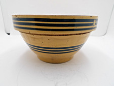 Vintage Yellowware Mixing Bowl with Blue Bands and Ribbed Exterior — listing 5