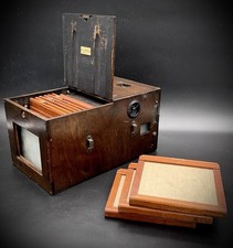 Antique Victorian Mahogany Box Detective Camera with Leather Changing Bag, circa 1890s Falling-Plate Magazine Type