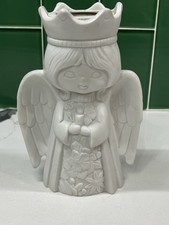 Vintage Bisque Porcelain Angel Girl Candle Holder Figurine with Star Cutouts and Gold Halo — listing 3