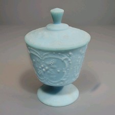 Blue Satin Milk Glass Figural Covered Dish with Chick/Bird Finial on Tri-Leg Base