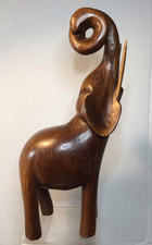 Hand Carved Wooden Elephant Sculpture with Bone Tusks