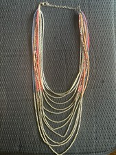 Multi-Strand Statement Necklace with Pink Coral and Orange Beads with Rhinestone Accents — listing 5