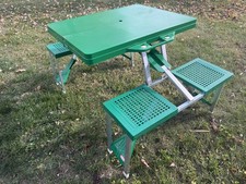 Vintage Folding Camping Picnic Table with Attached Benches, Tubular Aluminum Frame & Laminate Top — listing 3