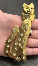 Vintage Figural Dancing Cat Brooch with Green Enamel Skirt and Rhinestone Accents — listing 2