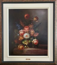 Framed Still Life Print of Roses, Grapes and Apples in Ornate Gold and Black Frame — listing 2