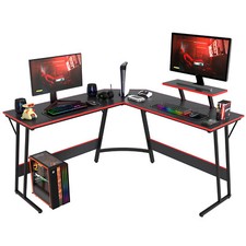 Corner Computer Desk with Glass Top, Elevated Monitor Shelf, and Side Storage Shelves — listing 5