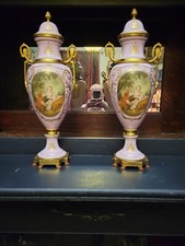 Pair of Antique-Style French Porcelain Covered Urns with Gilt Griffin Handles and Ormolu Bases — listing 2