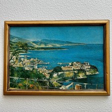 Framed Mediterranean Coastal Village Print (Portofino/Amalfi Style), Cherry Wood Frame with Teal Mat — listing 2