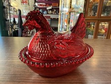 Ruby Red Pressed Glass Hen on Nest Covered Dish with Beaded Rim — listing 5