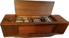 Vintage 1960s General Electric Mid-Century Modern Walnut Stereo Console with Reel-to-Reel Tape Deck, Turntable, and AM/FM Solid State Tuner