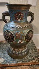Japanese Champlevé Bronze/Brass Vase with Dragon and Phoenix Motif, Twin Beast-Head Handles — listing 2