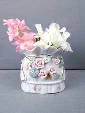 Handmade White Porcelain Round Vase with Sculptural Applied Flowers, Artist-Signed — listing 5