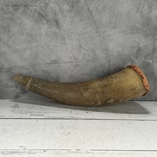 Hand-Carved Powder Horn with Etched Tribal Motifs and Leather Strap